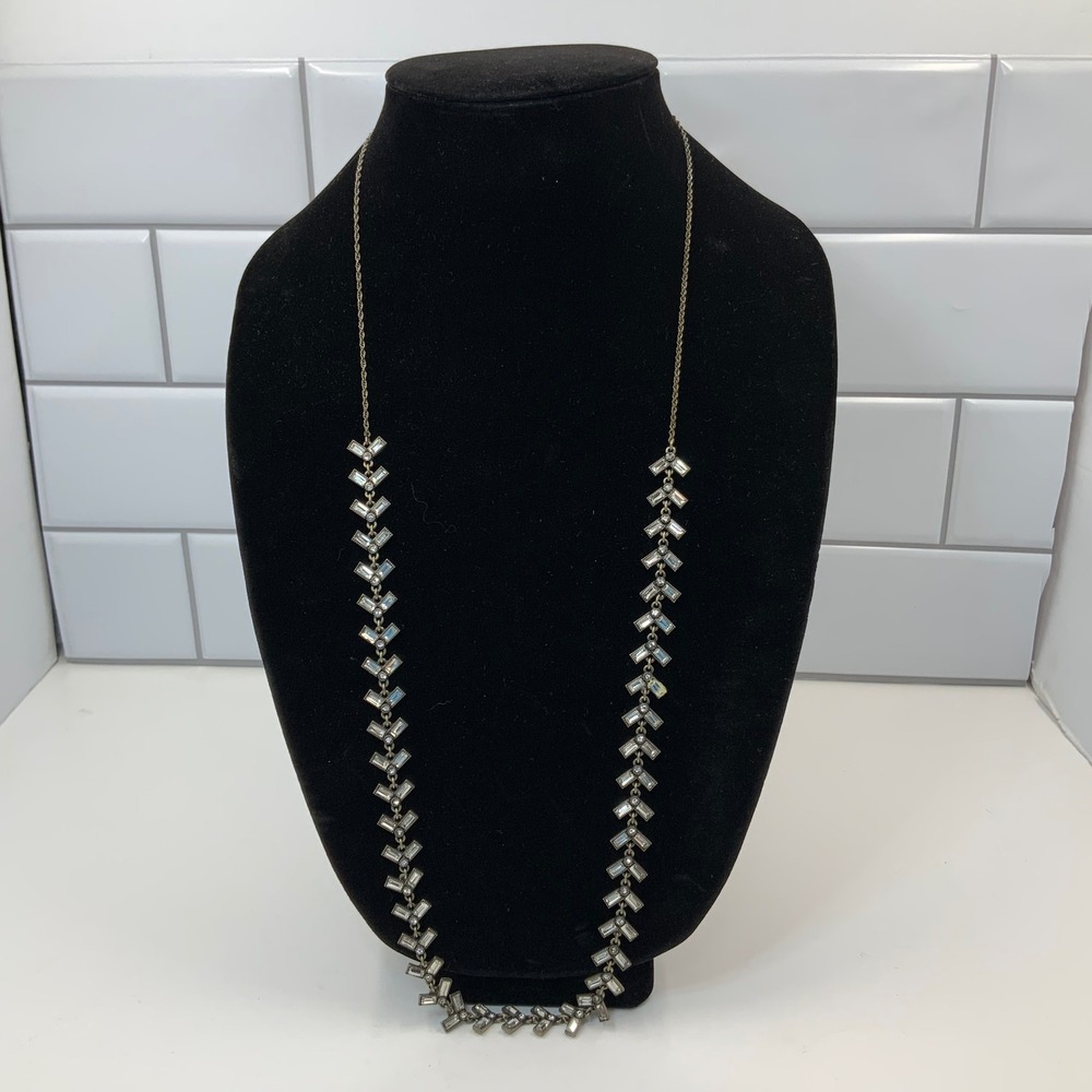 LOFT Long Antiqued Gold Tone Clear Baguette Rhinestone Chevron Statement Necklac